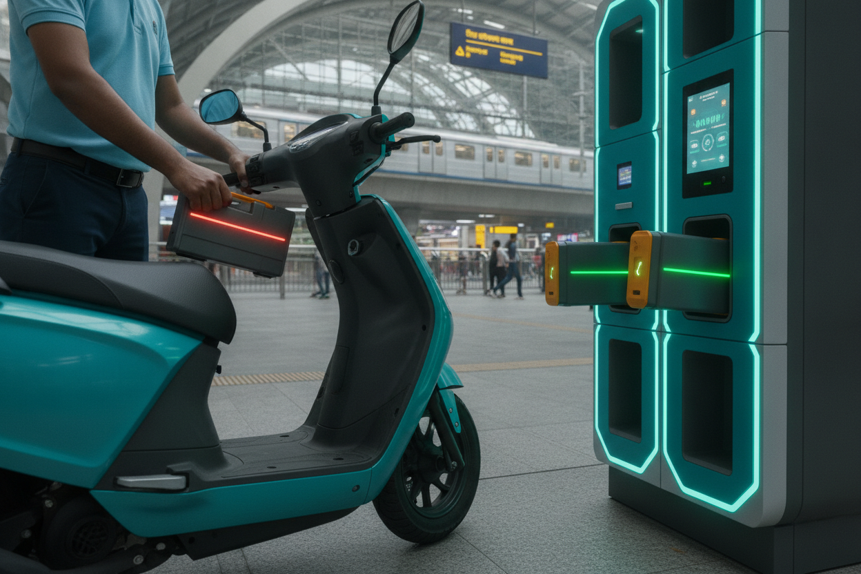 Removable electric scooter battery being exchanged at a swapping kiosk