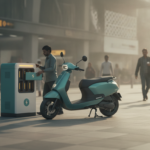 Electric scooter and battery-swapping kiosk at a Delhi Metro station