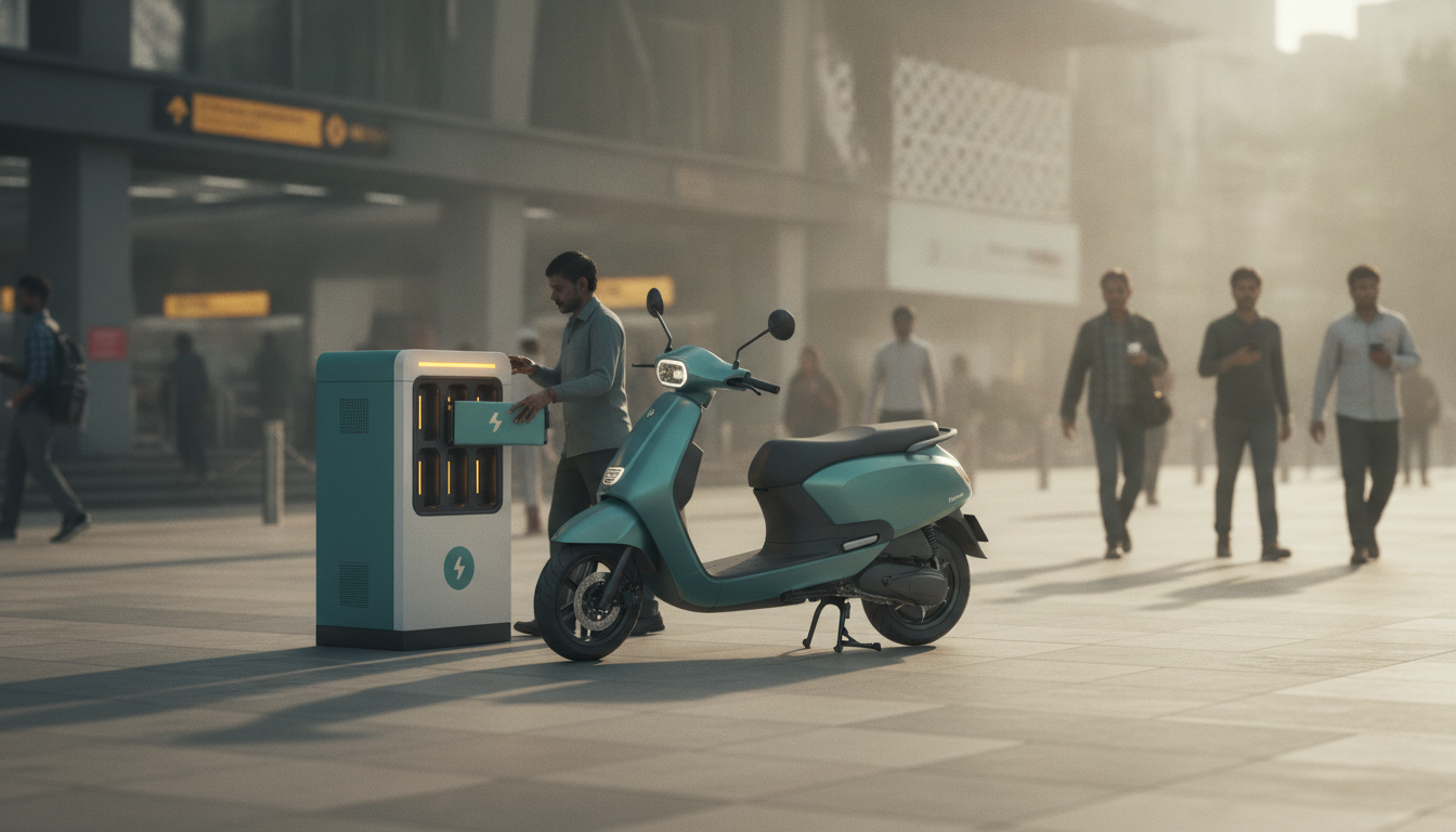 Electric scooter and battery-swapping kiosk at a Delhi Metro station