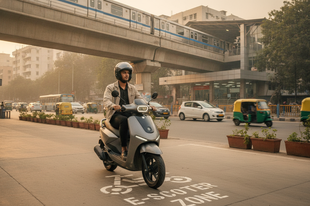 Helmeted electric scooter rider arriving near a Delhi Metro station