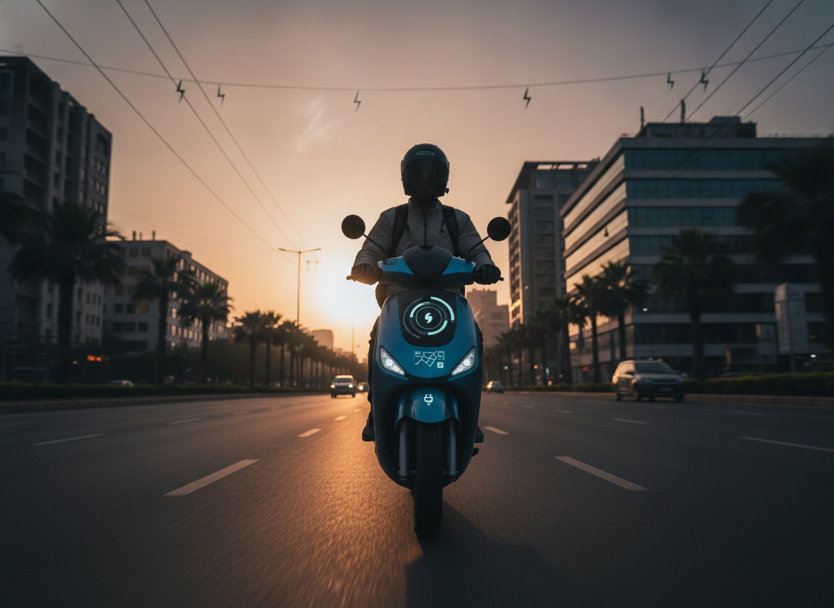 Electric scooter on an Indian city road representing range planning and daily commuting