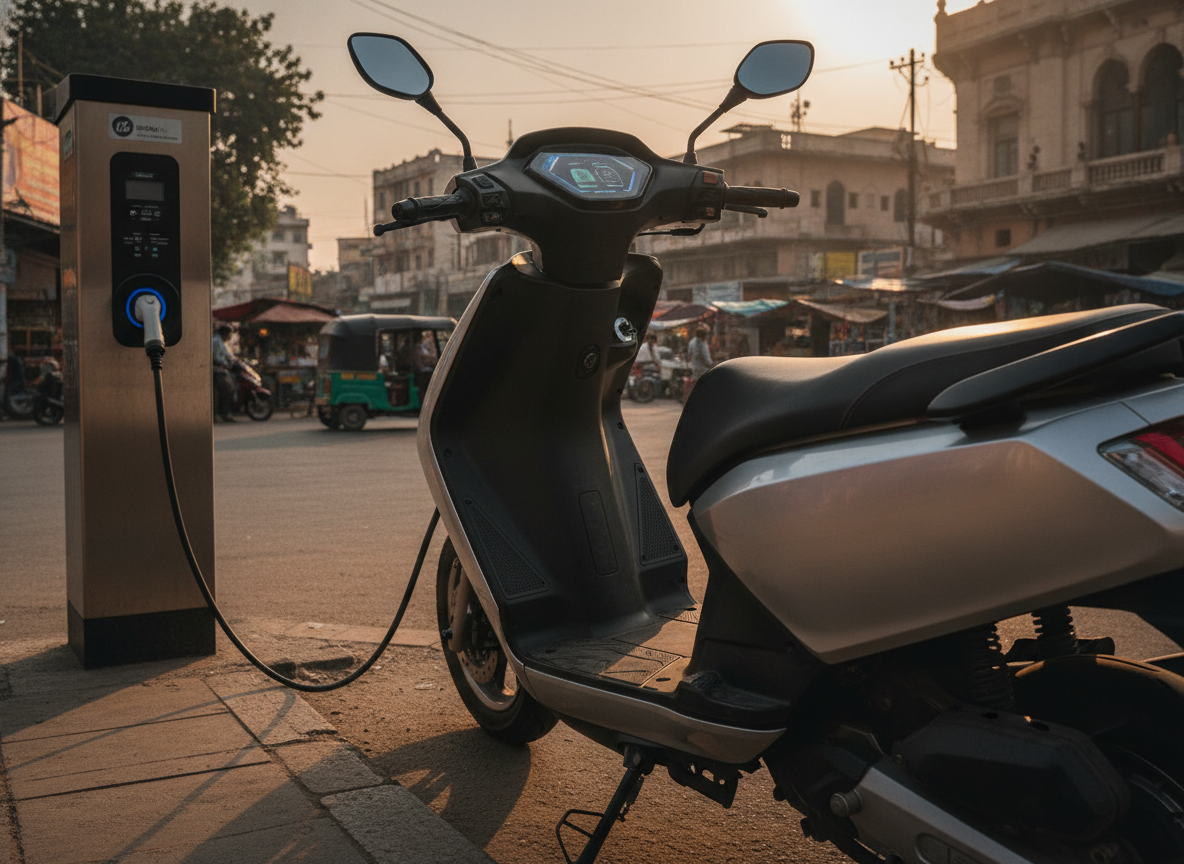 Modern electric scooter with metal body panel and digital dashboard beside a charging point
