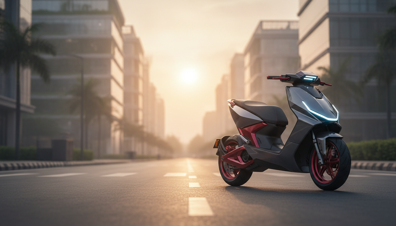 Futuristic Ather EL platform electric scooter concept on a Bengaluru tech-campus street