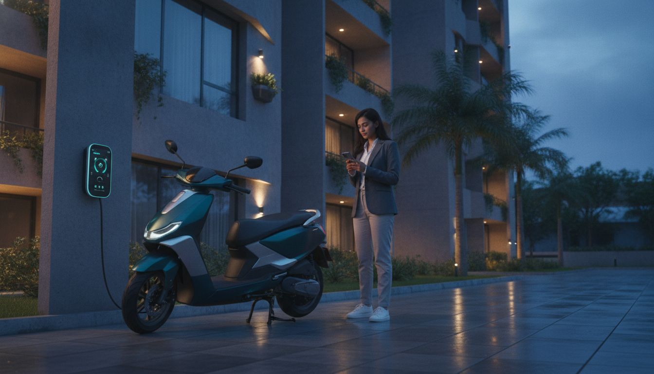 Modern electric scooter charging outside an Indian apartment during evening