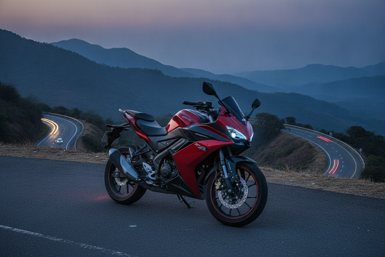 Sporty red Bajaj Pulsar style motorcycle parked near a highway overlook at dusk