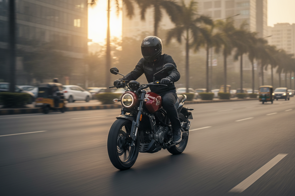 New Bajaj Pulsar commuter motorcycle riding on an Indian city boulevard