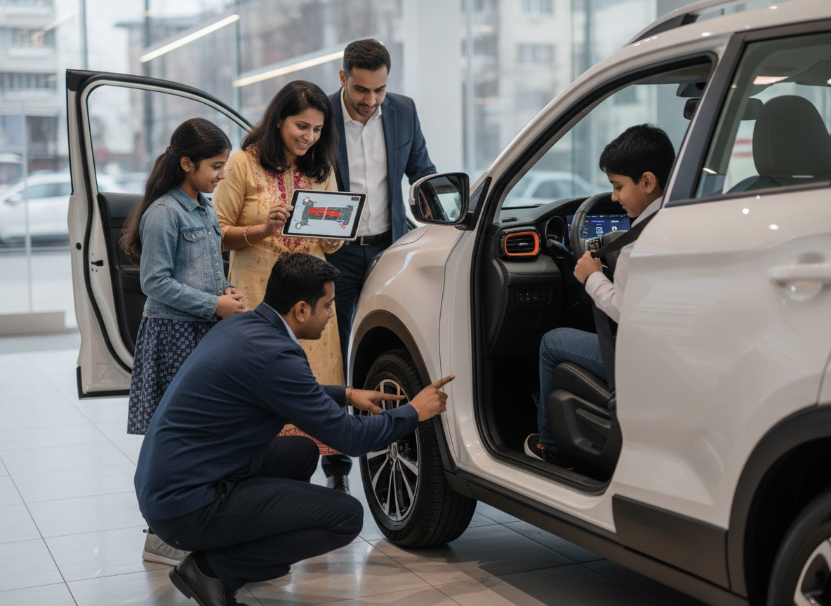 Family checking safety and pre-delivery details of a new car