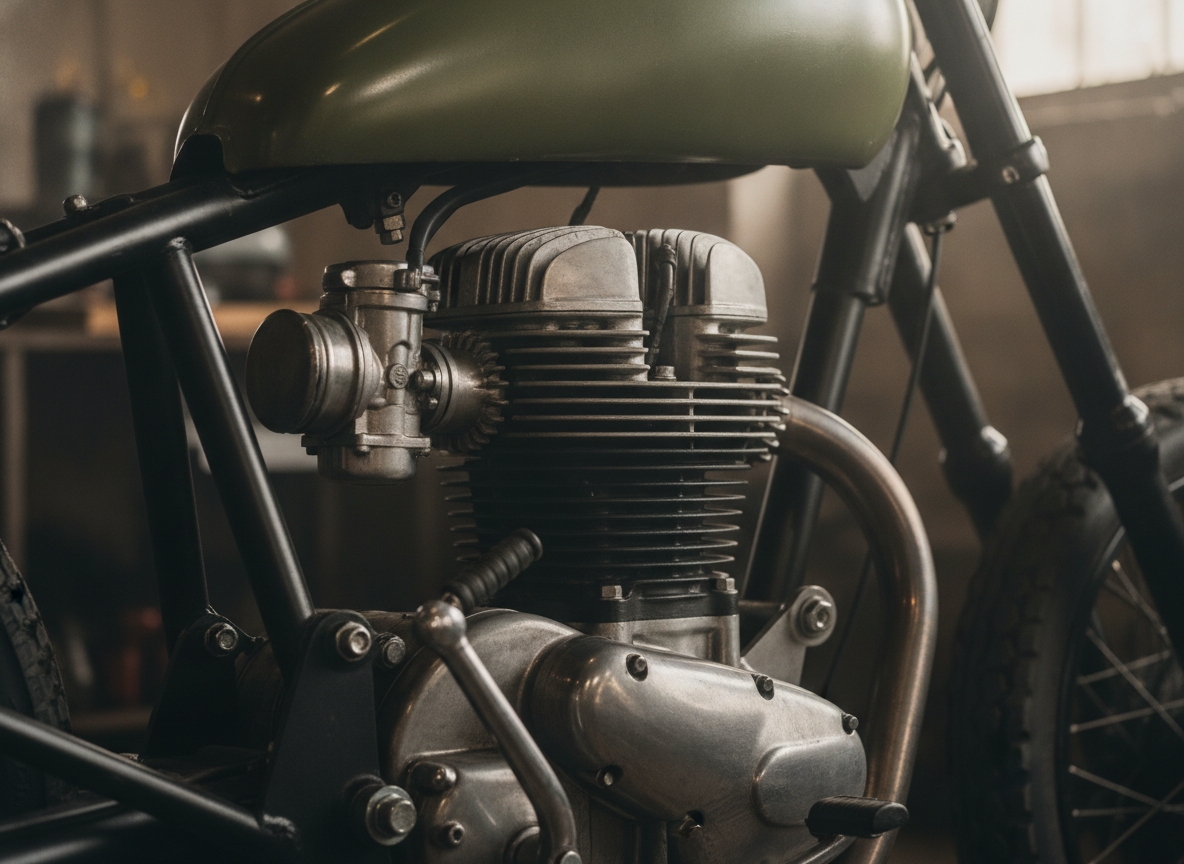Close-up of the Royal Enfield Classic 350 Gorkha Edition engine and frame