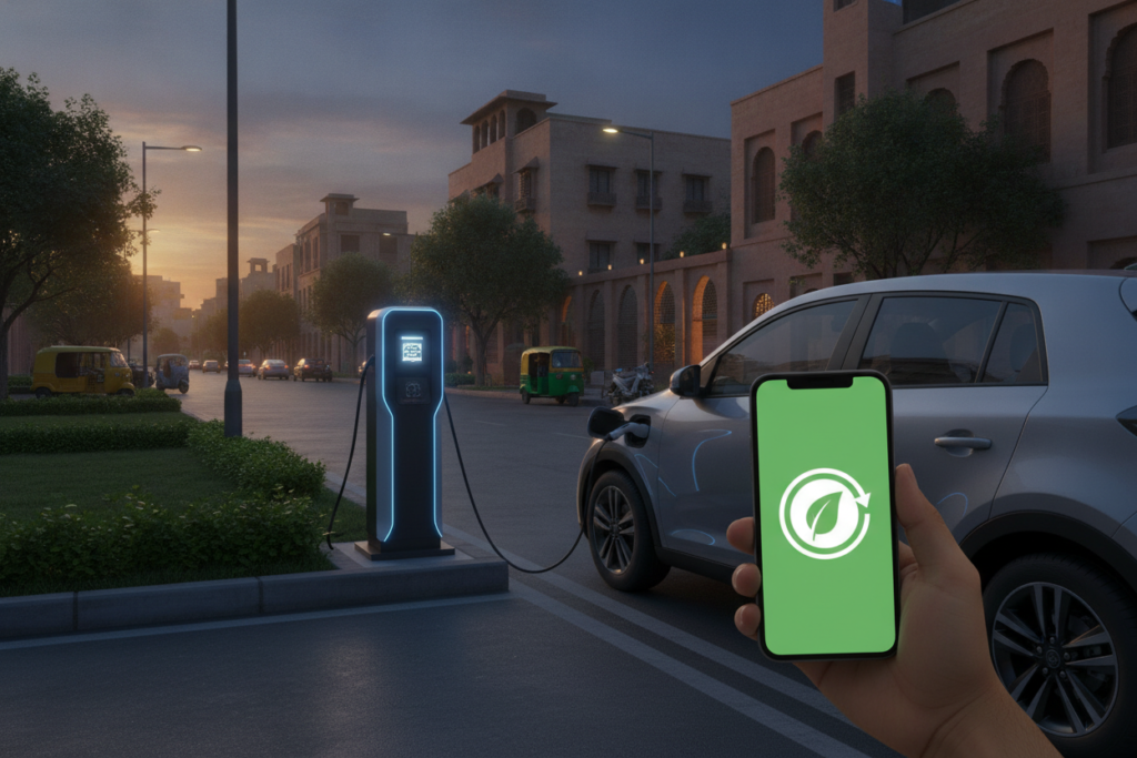 Electric car charging on a Delhi street, illustrating EV policy benefits and home-charging planning
