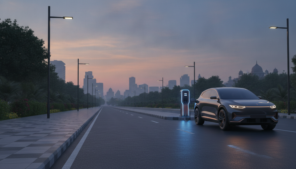 Electric SUV on a Delhi boulevard under the 2026 EV policy