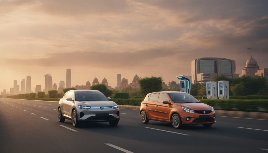 Electric SUV and petrol hatchback on a Delhi boulevard for a 2026 EV policy buyer guide