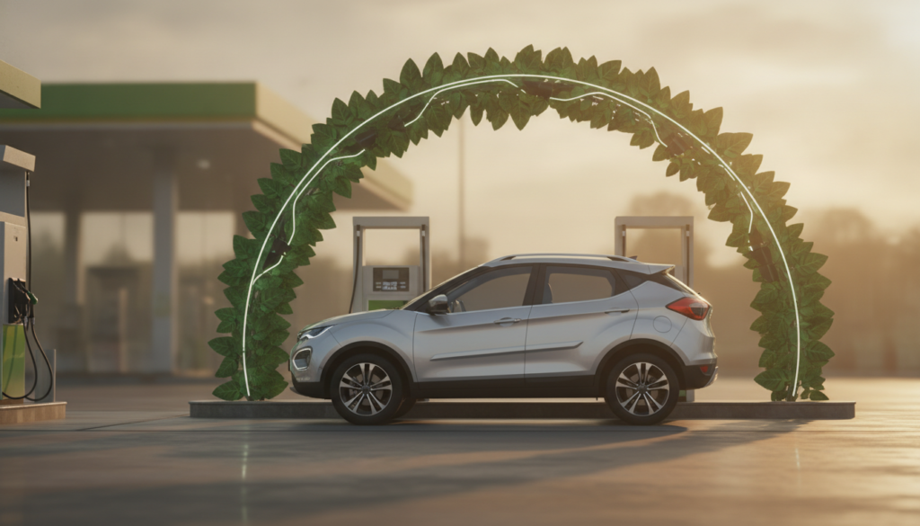 Modern Indian SUV at a fuel station representing the 2026 E20 petrol and alternative fuel choice