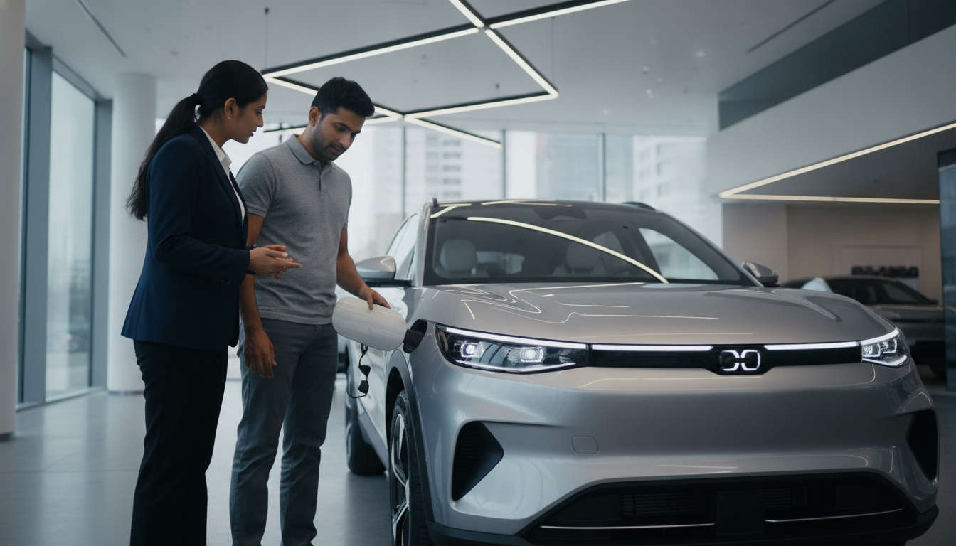 Car buyer inspecting an electric crossover at a dealership