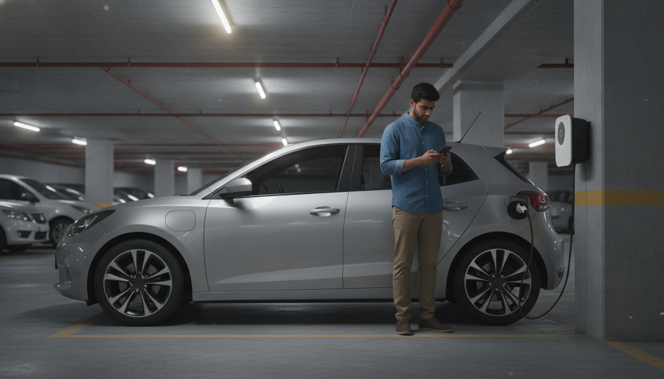 Electric car charging in an apartment basement in Delhi