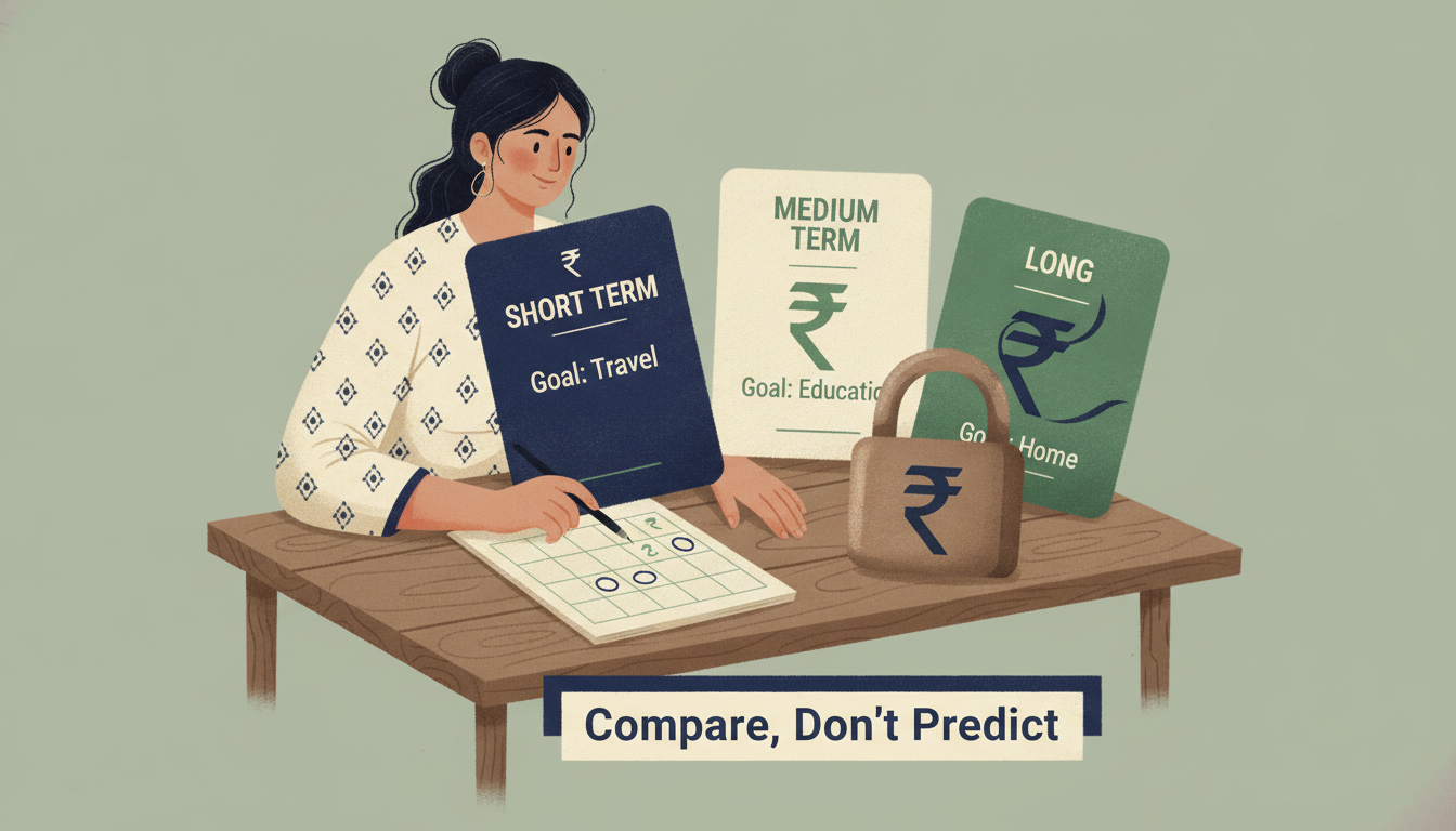 Illustration of an Indian fixed deposit saver comparing maturity dates