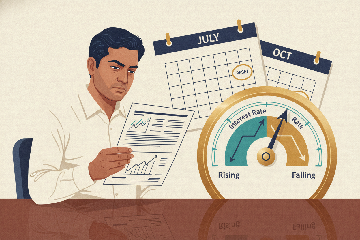 Borrower reviewing a floating-rate loan statement beside an interest-rate dial and calendar