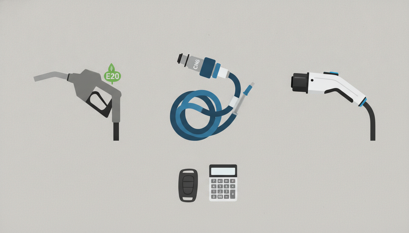 Visual comparison of petrol, CNG and electric car charging choices for Indian car buyers