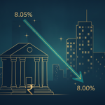 Illustration of a bank rate cut from 8.05% to 8.00% alongside Indian homes