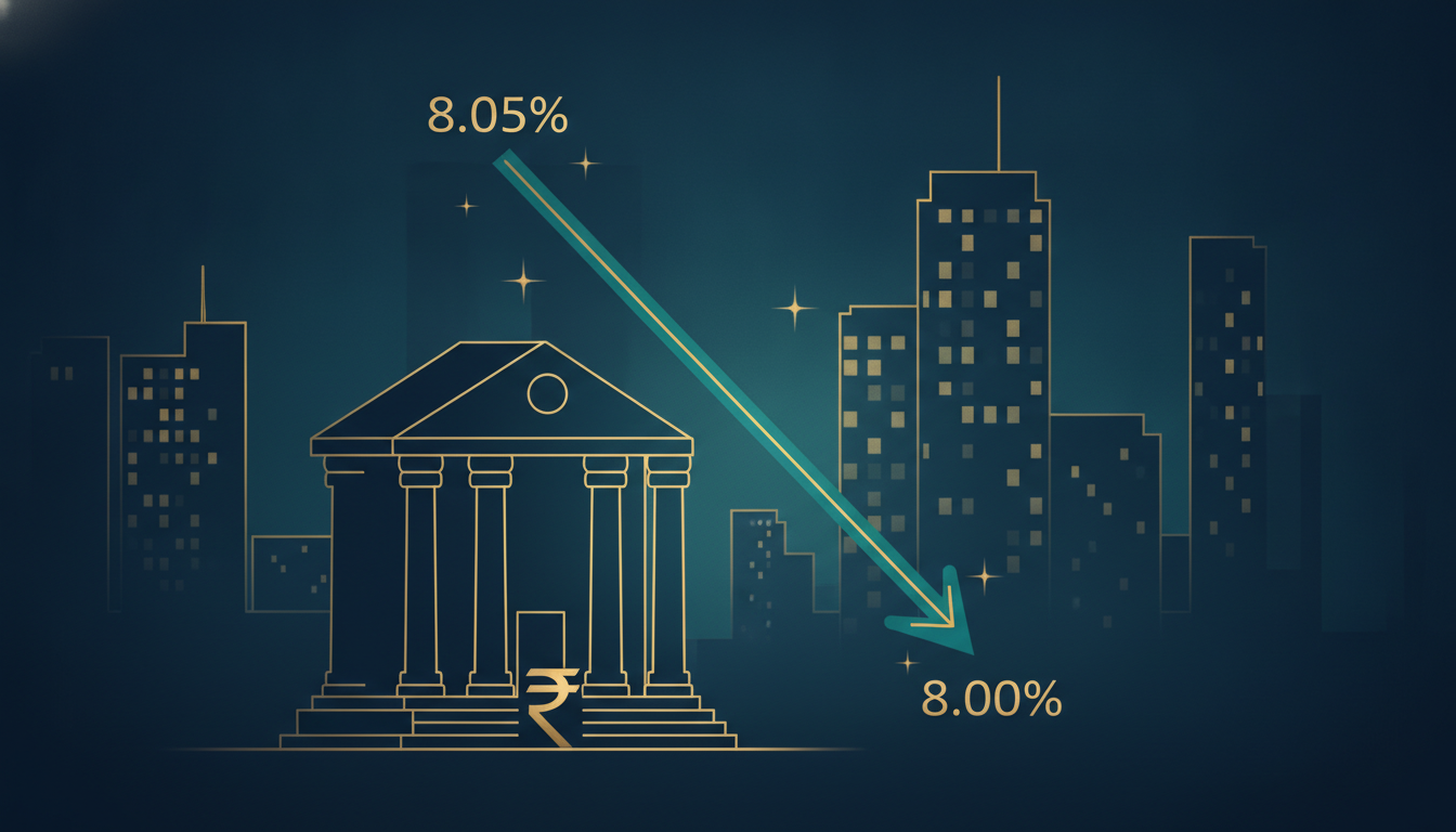 Illustration of a bank rate cut from 8.05% to 8.00% alongside Indian homes