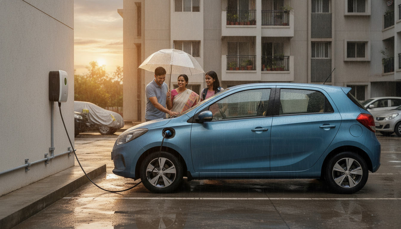 Petrol pump nozzle and electric charging connector beside a family car
