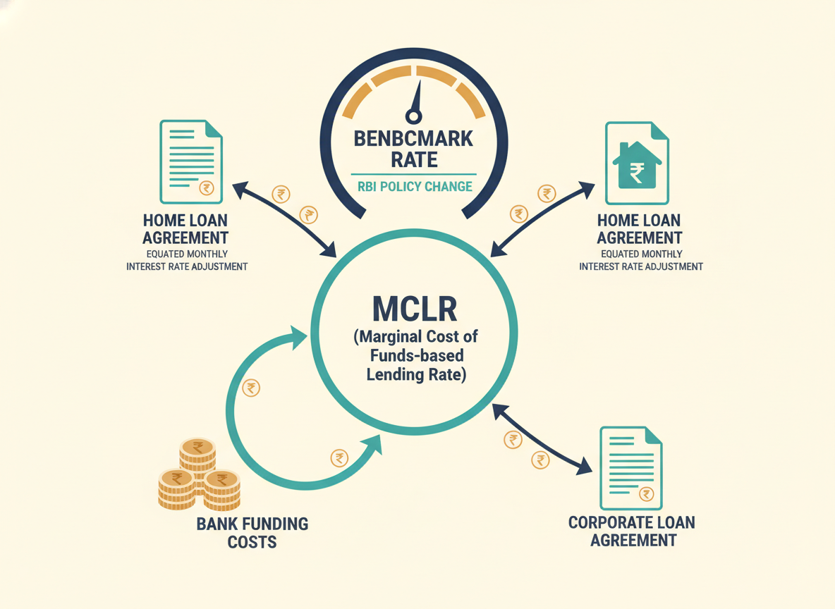 Conceptual illustration showing a benchmark rate flowing through MCLR to a home loan