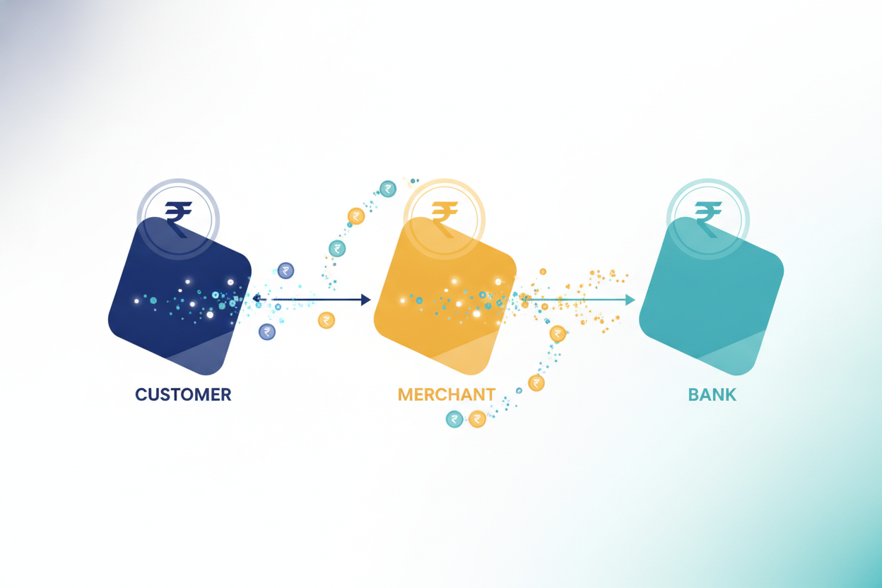 Illustration showing the flow of a UPI transaction between a customer, merchant and bank