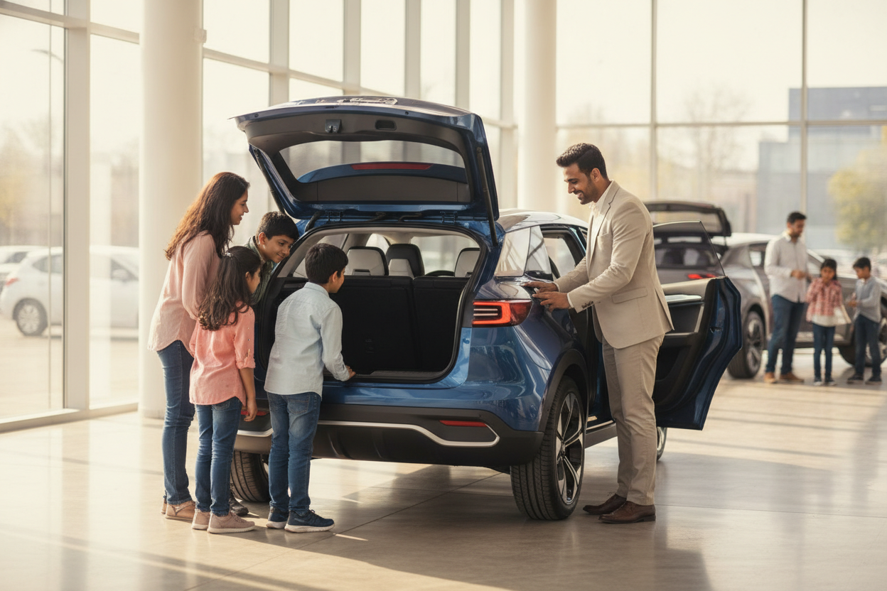 Family inspecting the rear-seat and luggage space of a midsize SUV
