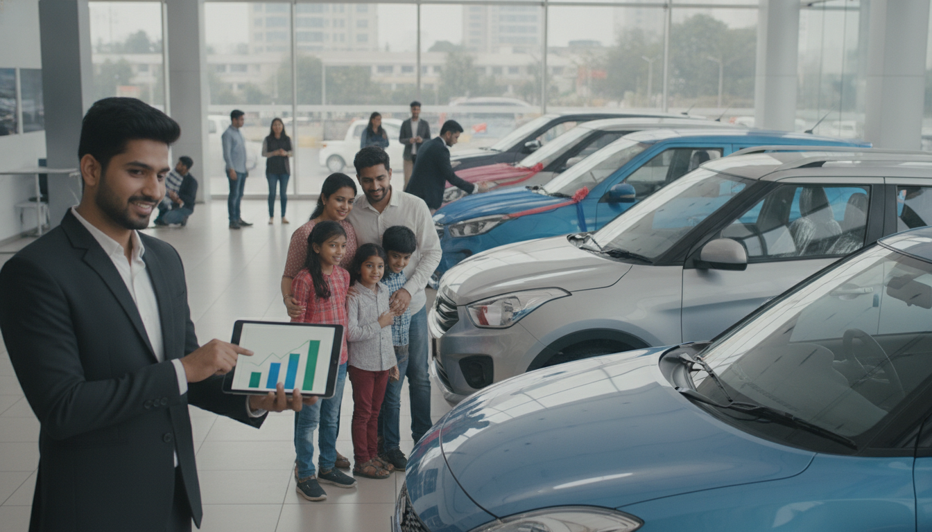 Indian family discussing car choices with a sales consultant beside a modern dealership lineup