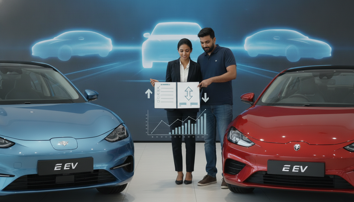 Indian couple comparing modern cars with a salesperson in a bright showroom