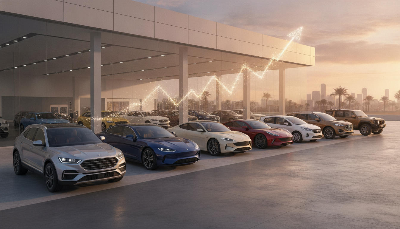 Modern cars displayed outside an Indian dealership representing July 2026 auto sales