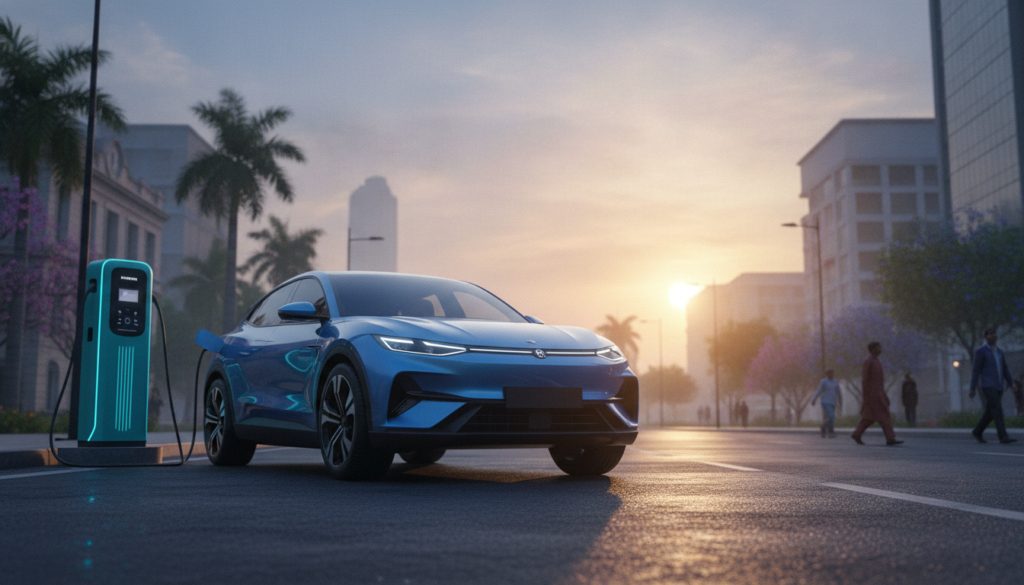 Modern electric SUV charging at dawn on an Indian city street