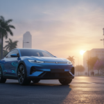 Modern electric SUV charging at dawn on an Indian city street