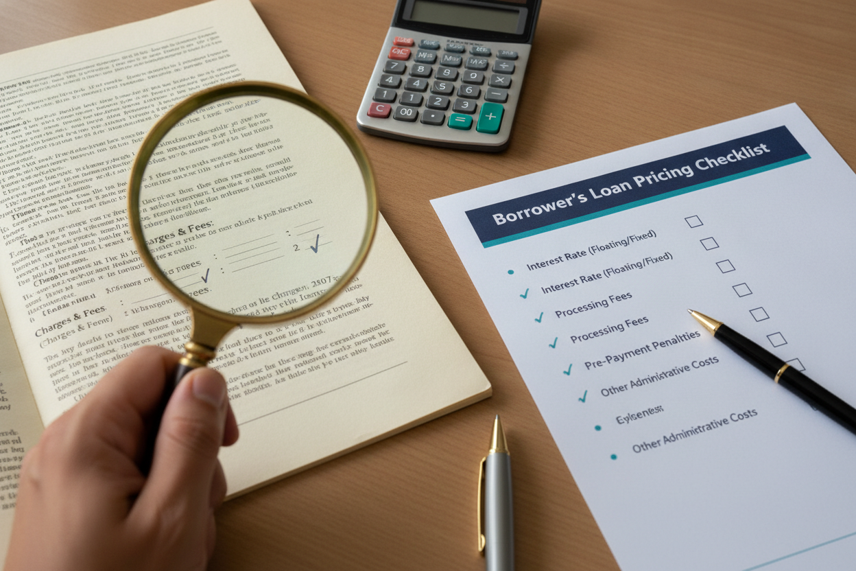 Loan documents, checklist, magnifying glass and calculator for comparing borrowing costs