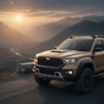 Mahindra-style pickup concept on an Indian mountain road at sunrise