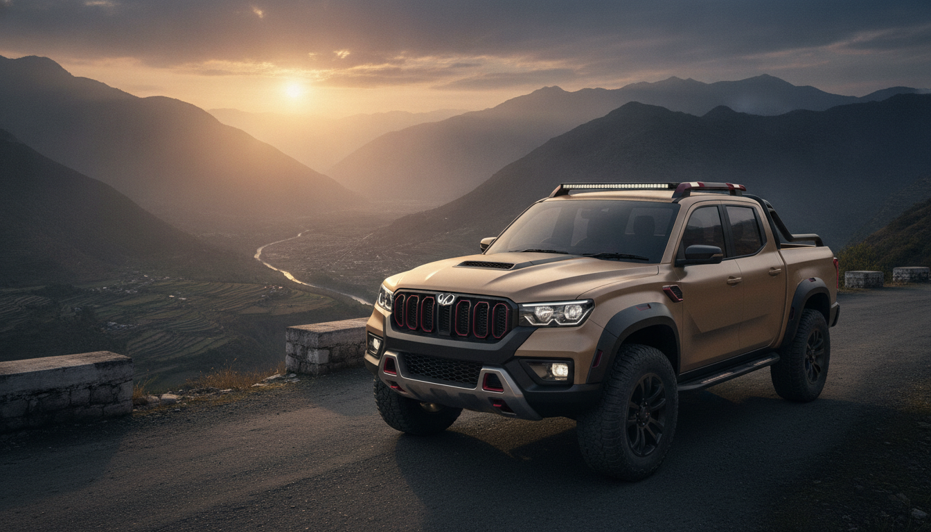 Mahindra-style pickup concept on an Indian mountain road at sunrise
