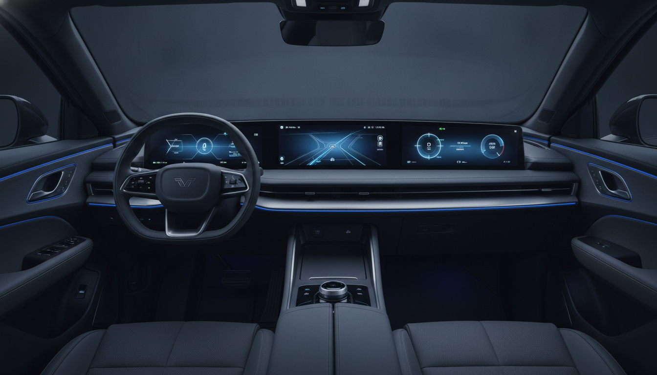 Original editorial view of the Mahindra BE 6 SPORTEQ style electric SUV cockpit with three screens
