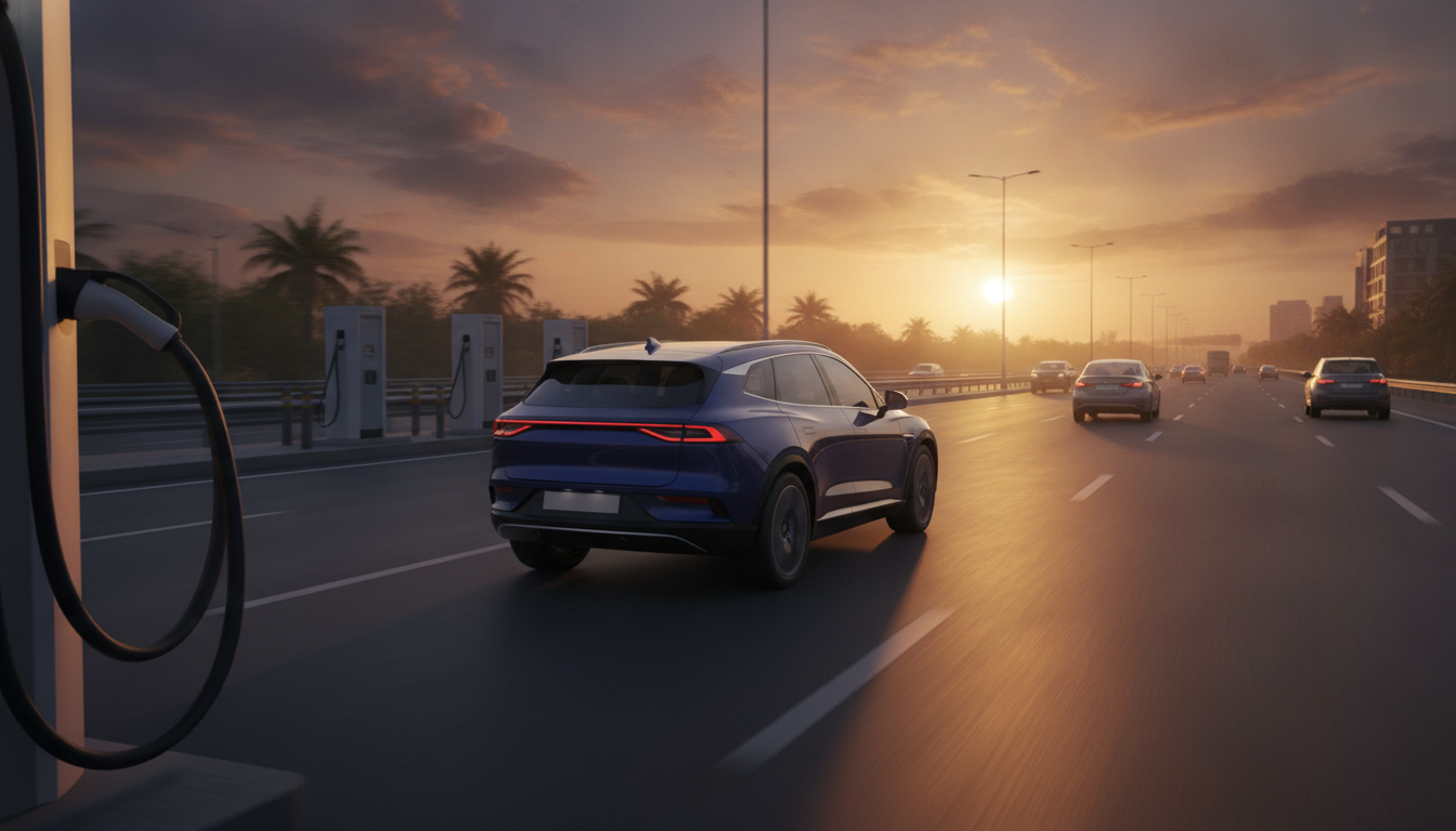 Original editorial view of an electric SUV approaching a charging station on an Indian expressway