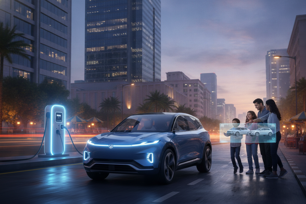 Premium electric SUV concept travelling through a modern Indian city near a charging station