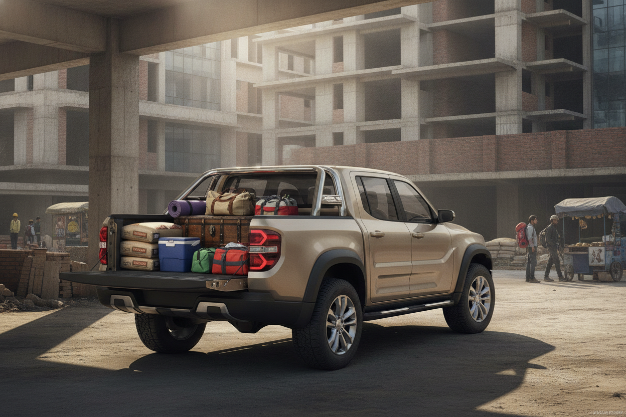 Mahindra-style pickup concept showing an open cargo bed in an Indian urban setting