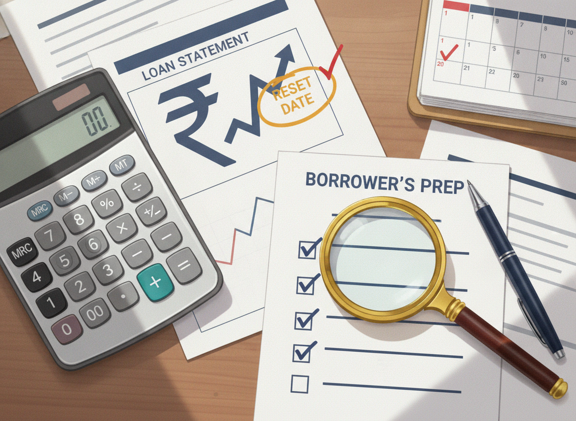 Desk illustration with a loan statement, calculator, calendar and borrower checklist