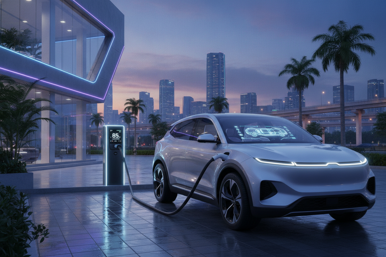 Seven-seat electric SUV connected to a fast charger at a city dealership