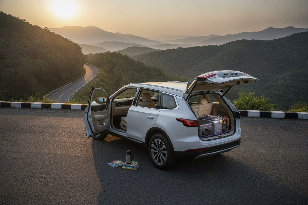 Seven-seat electrified SUV with tailgate open beside an Indian highway