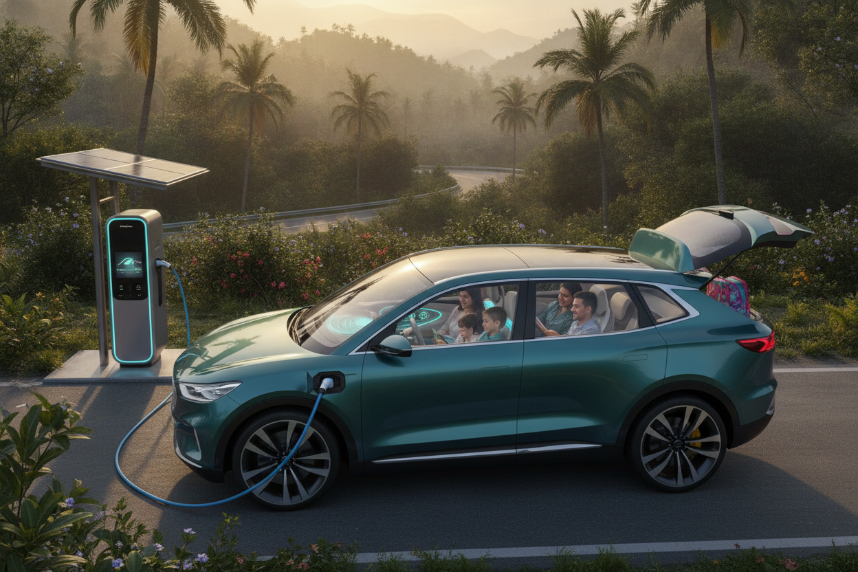 Electrified seven-seater SUV charging at a modern fast charger