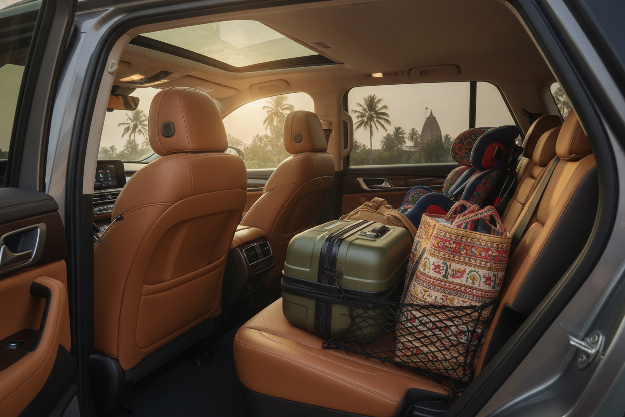 Practical three-row SUV cabin with captain seats and luggage space