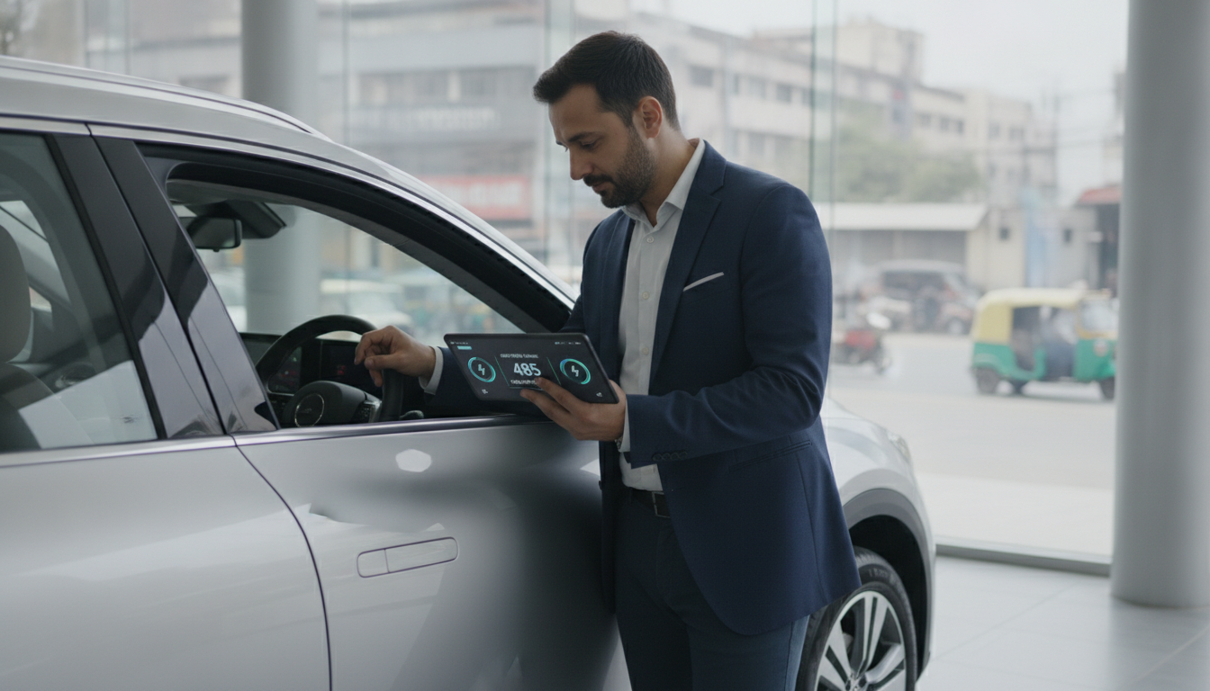 Car buyer reviewing electric SUV range and charging details on a tablet at an Indian dealership