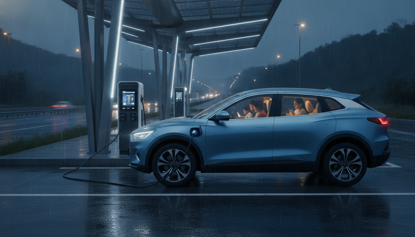 Electric SUV charging at a modern Indian highway fast-charging station during monsoon evening