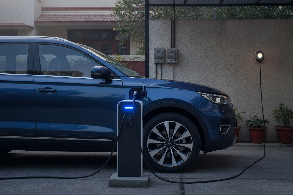 MG Hector Hawk style SUV beside EV and home charging options