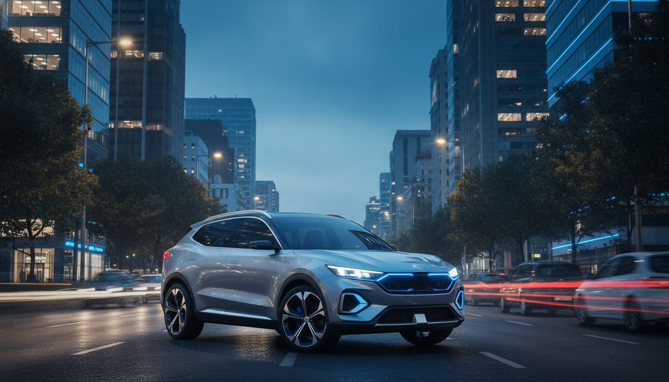MG Hector Hawk style three-row SUV on an Indian boulevard