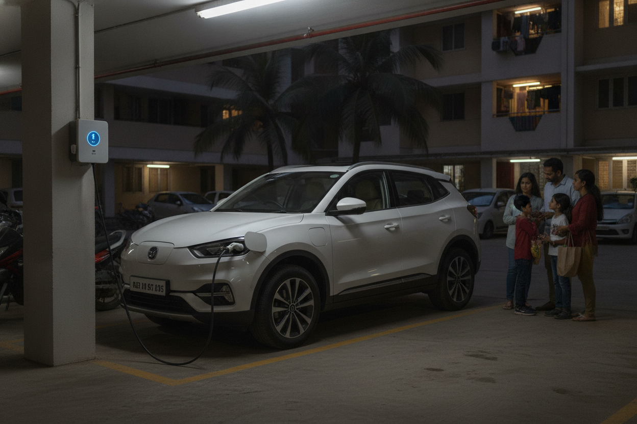 Generic electric SUV connected to a home charger in an Indian apartment parking area at dusk