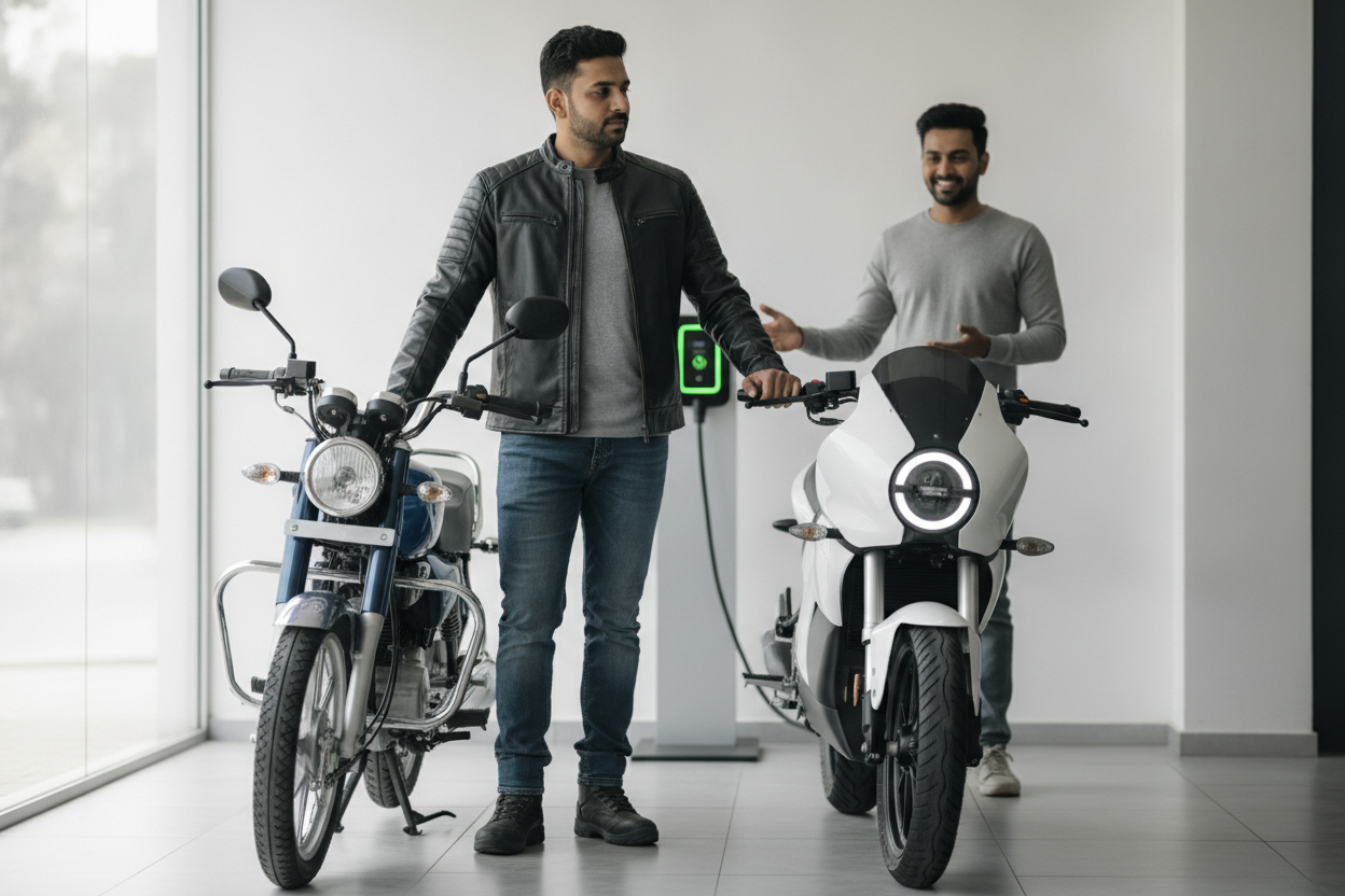 Indian motorcycle buyer comparing petrol and electric motorcycles at a dealership